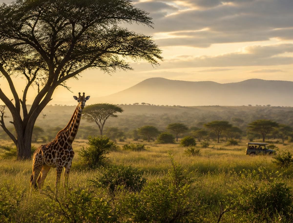 Giraffe and acacia trees in an East African landscape