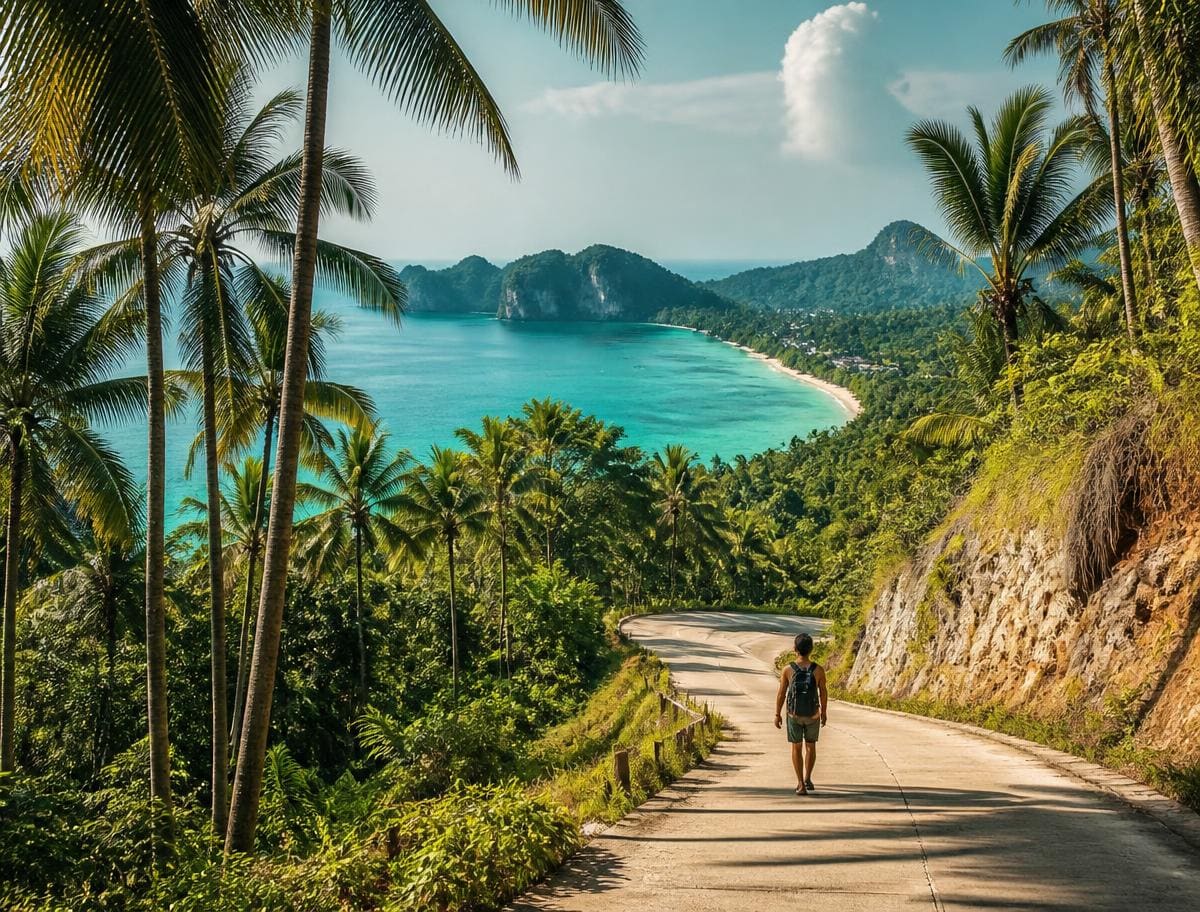 Tropical coastline and palm-lined road in Southeast Asia
